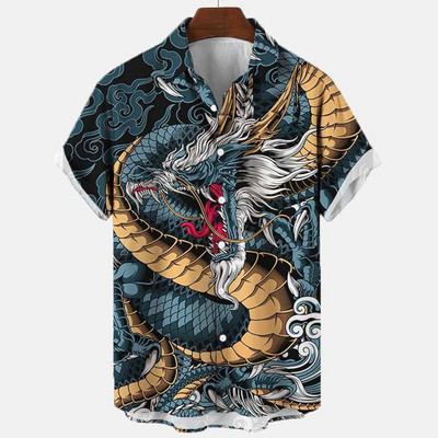 2022 3d Myth Retro Animal Cămăși hawaiene pentru bărbați Cămașă pentru bărbați cu rever Cămăși de vară Lionfish Dragon Print Mânecă scurtă largi Mărime UE