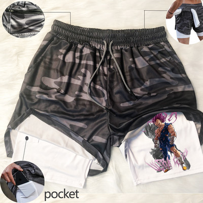 „Manga Print“ vyriški bėgimo šortai, tinkliniai, greitai džiūstantys „Anime“ gimnastikos šortai, 2 in 1, dviaukštės treniruotės, sportinės trumpos kelnės