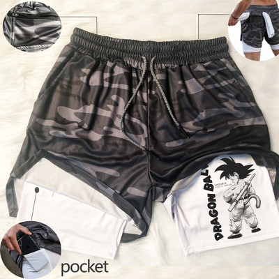 „Manga Print“ vyriški bėgimo šortai, tinkliniai, greitai džiūstantys „Anime“ gimnastikos šortai, 2 in 1, dviaukštės treniruotės, sportinės trumpos kelnės