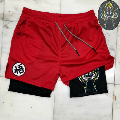 „Manga Print“ vyriški bėgimo šortai, tinkliniai, greitai džiūstantys „Anime“ gimnastikos šortai, 2 in 1, dviaukštės treniruotės, sportinės trumpos kelnės