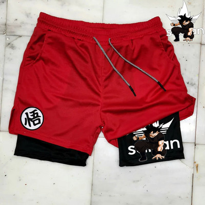 „Manga Print“ vyriški bėgimo šortai, tinkliniai, greitai džiūstantys „Anime“ gimnastikos šortai, 2 in 1, dviaukštės treniruotės, sportinės trumpos kelnės