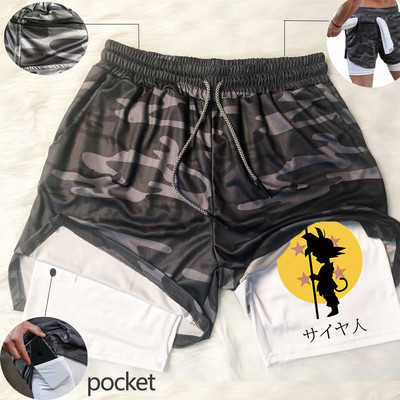 „Manga Print“ vyriški bėgimo šortai, tinkliniai, greitai džiūstantys „Anime“ gimnastikos šortai, 2 in 1, dviaukštės treniruotės, sportinės trumpos kelnės