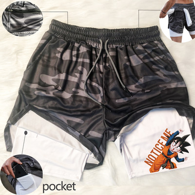 „Manga Print“ vyriški bėgimo šortai, tinkliniai, greitai džiūstantys „Anime“ gimnastikos šortai, 2 in 1, dviaukštės treniruotės, sportinės trumpos kelnės