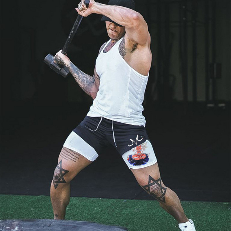 „Manga Print“ vyriški bėgimo šortai, tinkliniai, greitai džiūstantys „Anime“ gimnastikos šortai, 2 in 1, dviaukštės treniruotės, sportinės trumpos kelnės