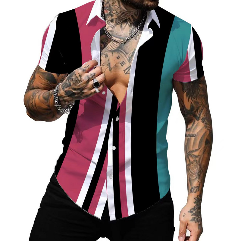 Havajska muška košulja Ljetne modne prugaste seksi majice s printom za muškarce Ležerna majica s kratkim rukavima Muška odjeća Prevelike majice s kratkim rukavima