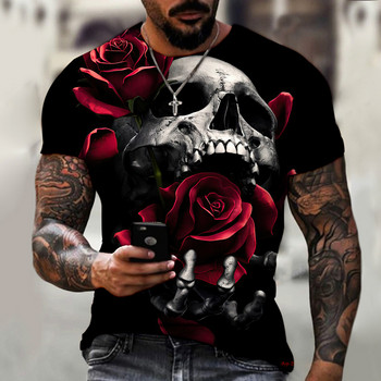 Επώνυμα Skull Rose ρομαντικό 3D τυπωμένο ανδρικό και γυναικείο μπλουζάκι 2022 Κοντό μανίκι από πολυεστερικό λίκρα, υπερμεγέθη μπλουζάκι υψηλής ποιότητας