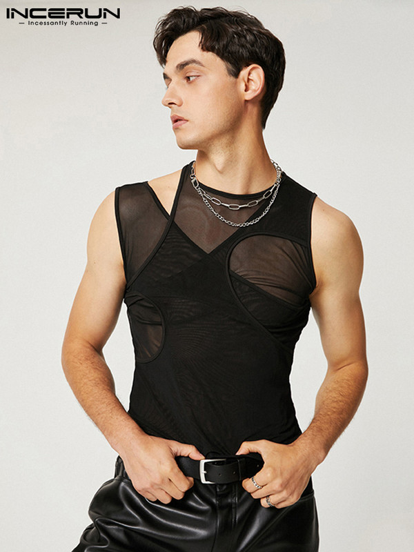INCERUN μπλουζάκια 2023 αμερικανικού στιλ New ανδρικό γιλέκο με κούφια δομική ραφή Μόδα περιστασιακά ανδρικά διαφανή διχτυωτά γιλέκα S-5XL
