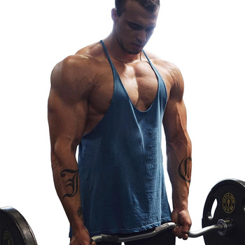 Γυμναστήριο ανδρών Bodybuilding Cotton Tank Tops Y Fitness Λεπτό ιμάντα ώμου Μυϊκή εφαρμογή Αμάνικο πουκάμισο