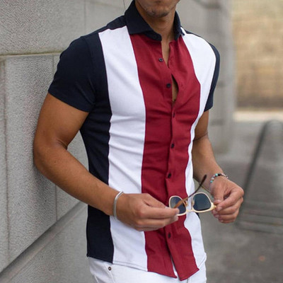 Muška košulja sa zgodnim prugastim ovratnikom, ljetne majice s jednim kopčanjem, majice za plažu, muške bluze, blusas camisa masculina