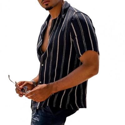 Muška košulja sa zgodnim prugastim ovratnikom, ljetne majice s jednim kopčanjem, majice za plažu, muške bluze, blusas camisa masculina