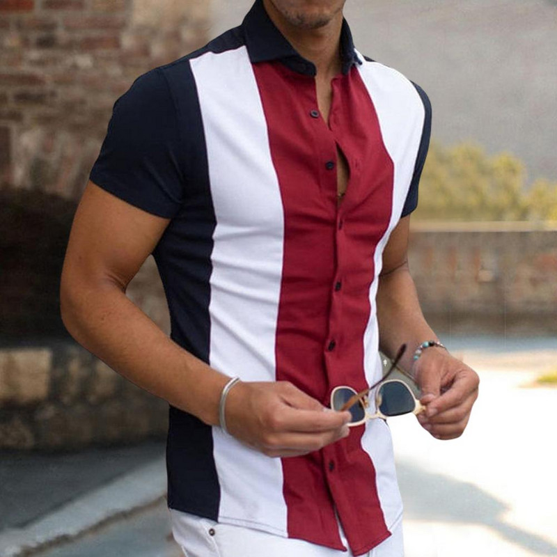 Muška košulja sa zgodnim prugastim ovratnikom, ljetne majice s jednim kopčanjem, majice za plažu, muške bluze, blusas camisa masculina