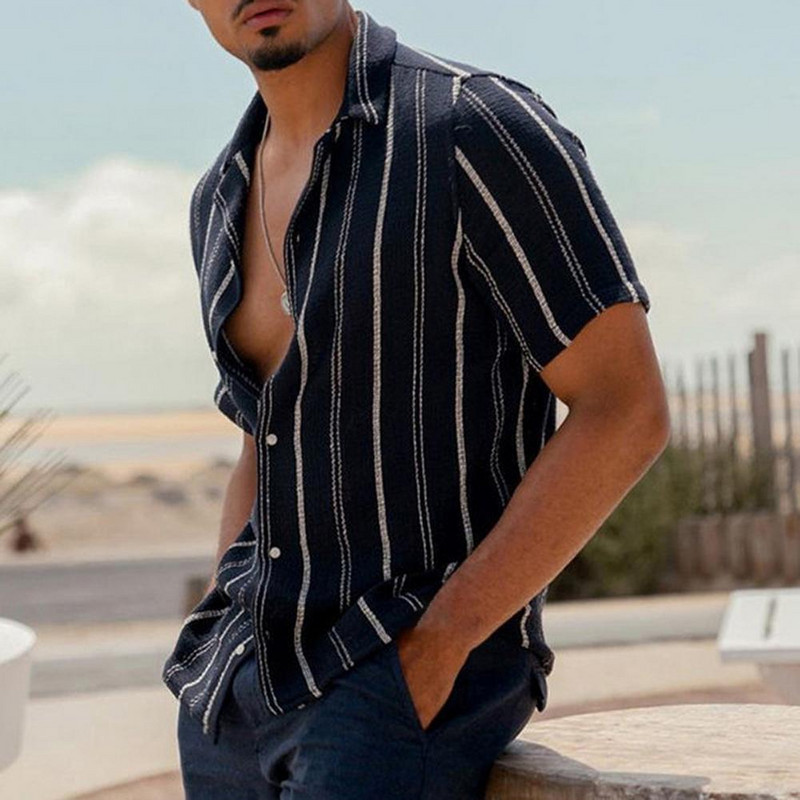 Muška košulja sa zgodnim prugastim ovratnikom, ljetne majice s jednim kopčanjem, majice za plažu, muške bluze, blusas camisa masculina