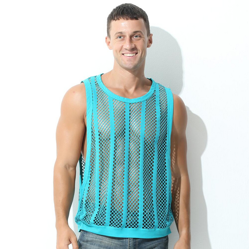 Muške majice bez rukava Mrežasti bez rukava s O-izrezom Prozirni prsluci Bočni razrez Seksi muška gornja odjeća Majice ulične sportske majice za fitnes