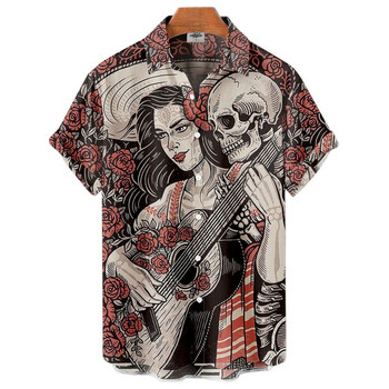 Ризи за мъже 3d Vintage Horror Skull Rocker Print Gothic Rockabilly Hawaiian Shirt Short Sleeve Top Homme Harajuku Ropa Hombre