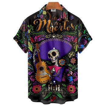 Ризи за мъже 3d Vintage Horror Skull Rocker Print Gothic Rockabilly Hawaiian Shirt Short Sleeve Top Homme Harajuku Ropa Hombre