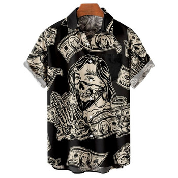 Ризи за мъже 3d Vintage Horror Skull Rocker Print Gothic Rockabilly Hawaiian Shirt Short Sleeve Top Homme Harajuku Ropa Hombre