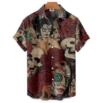 Ризи за мъже 3d Vintage Horror Skull Rocker Print Gothic Rockabilly Hawaiian Shirt Short Sleeve Top Homme Harajuku Ropa Hombre