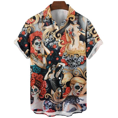 Férfi ingek 3d Vintage Horror Skull Rocker Print Gothic Rockabilly hawaii ing rövid ujjú felső Homme Harajuku Ropa Hombre