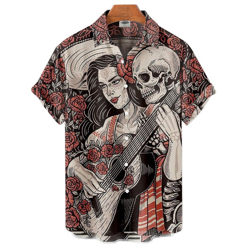 Férfi ingek 3d Vintage Horror Skull Rocker Print Gothic Rockabilly hawaii ing rövid ujjú felső Homme Harajuku Ropa Hombre
