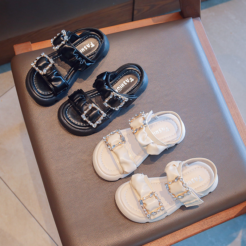 Ljetne sandale za djevojčice, debele meke kožne klizače za djecu, udobne neklizajuće 26-35, elegantne crne bež dječje cipele s otvorenim prstima