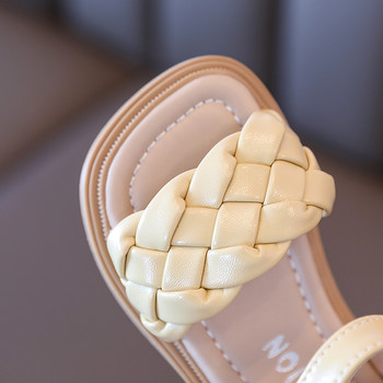 Обувки за малко дете Момиче Летни плетени ваканционни квадратни пръсти Сладки детски сандали Бежово жълто 21-36 Модни детски плъзгачи от изкуствена кожа
