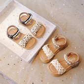 Tüdrukute suvesandaalid, punutud täpiline must beež laste liugurid 21-36 Trendikas pehme Pu-nahast kandilise varbaga laste lamedad kingad