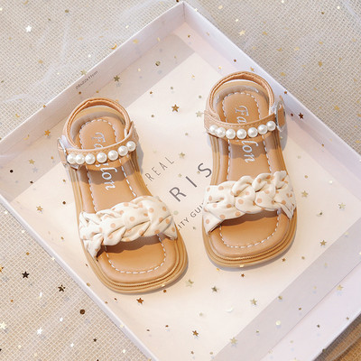 Tüdrukute suvesandaalid, punutud täpiline must beež laste liugurid 21-36 Trendikas pehme Pu-nahast kandilise varbaga laste lamedad kingad