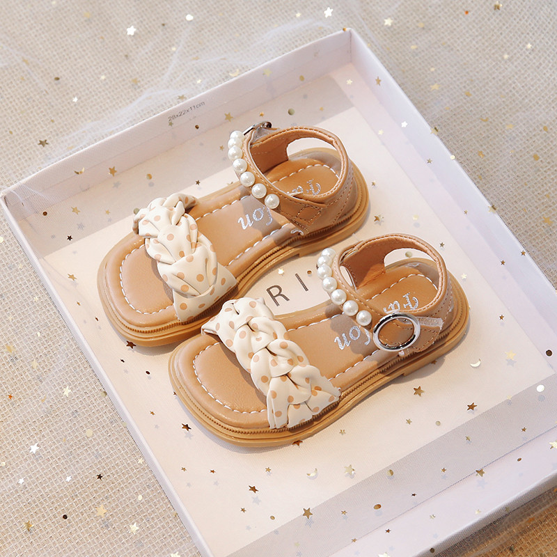 Tüdrukute suvesandaalid, punutud täpiline must beež laste liugurid 21-36 Trendikas pehme Pu-nahast kandilise varbaga laste lamedad kingad