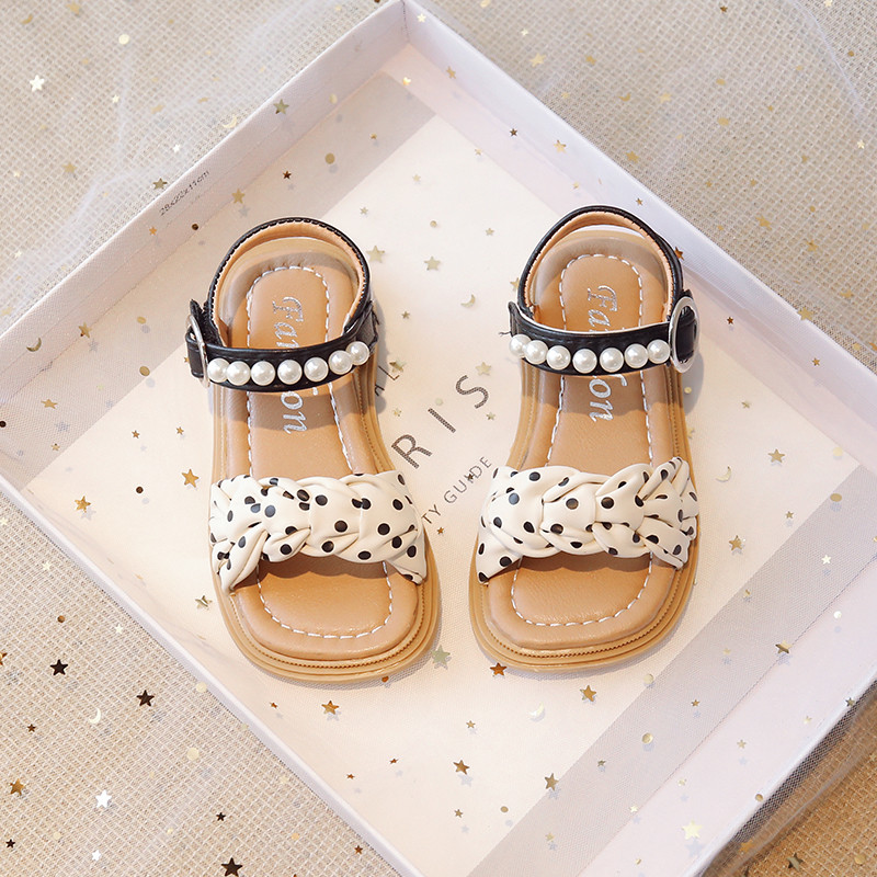 Tüdrukute suvesandaalid, punutud täpiline must beež laste liugurid 21-36 Trendikas pehme Pu-nahast kandilise varbaga laste lamedad kingad