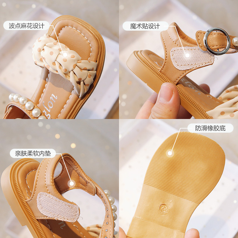 Tüdrukute suvesandaalid, punutud täpiline must beež laste liugurid 21-36 Trendikas pehme Pu-nahast kandilise varbaga laste lamedad kingad