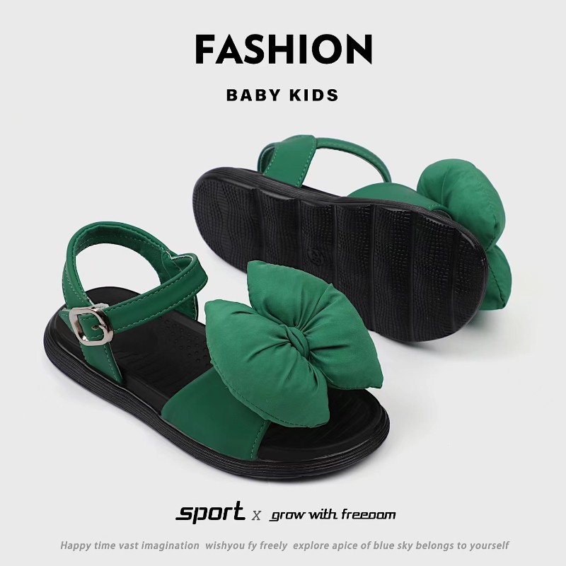 Ljetne sandale za djevojčice Puffy Bowknot Trendy crno zelene dječje klizače Mekani potplat Fleksibilni 26-36 Otvoreni prsti Udobne dječje cipele