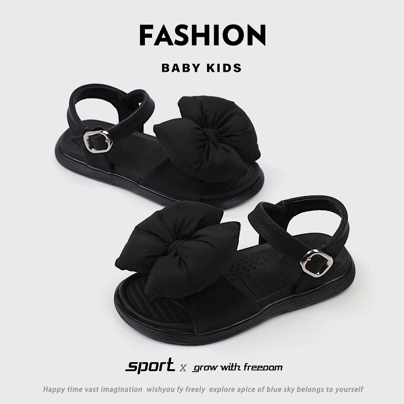 Ljetne sandale za djevojčice Puffy Bowknot Trendy crno zelene dječje klizače Mekani potplat Fleksibilni 26-36 Otvoreni prsti Udobne dječje cipele