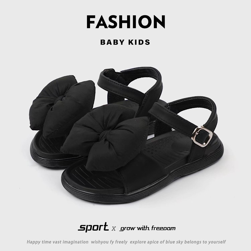 Ljetne sandale za djevojčice Puffy Bowknot Trendy crno zelene dječje klizače Mekani potplat Fleksibilni 26-36 Otvoreni prsti Udobne dječje cipele