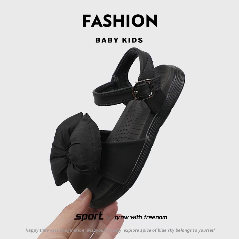 Ljetne sandale za djevojčice Puffy Bowknot Trendy crno zelene dječje klizače Mekani potplat Fleksibilni 26-36 Otvoreni prsti Udobne dječje cipele
