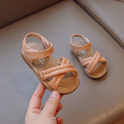 Sandale za malu djevojčicu s križnim trakama od meke pu kože, dječje klizače, ljeto 21-30, fleksibilni ravni dizajn, otvorene prste, dječje ravne cipele