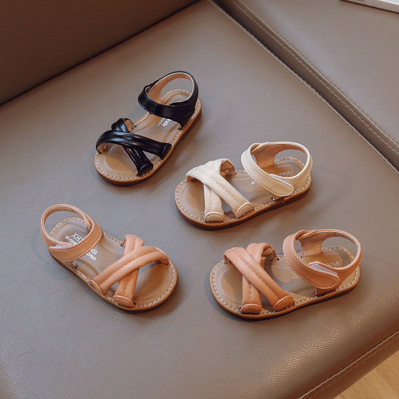 Sandale za malu djevojčicu s križnim trakama od meke pu kože, dječje klizače, ljeto 21-30, fleksibilni ravni dizajn, otvorene prste, dječje ravne cipele