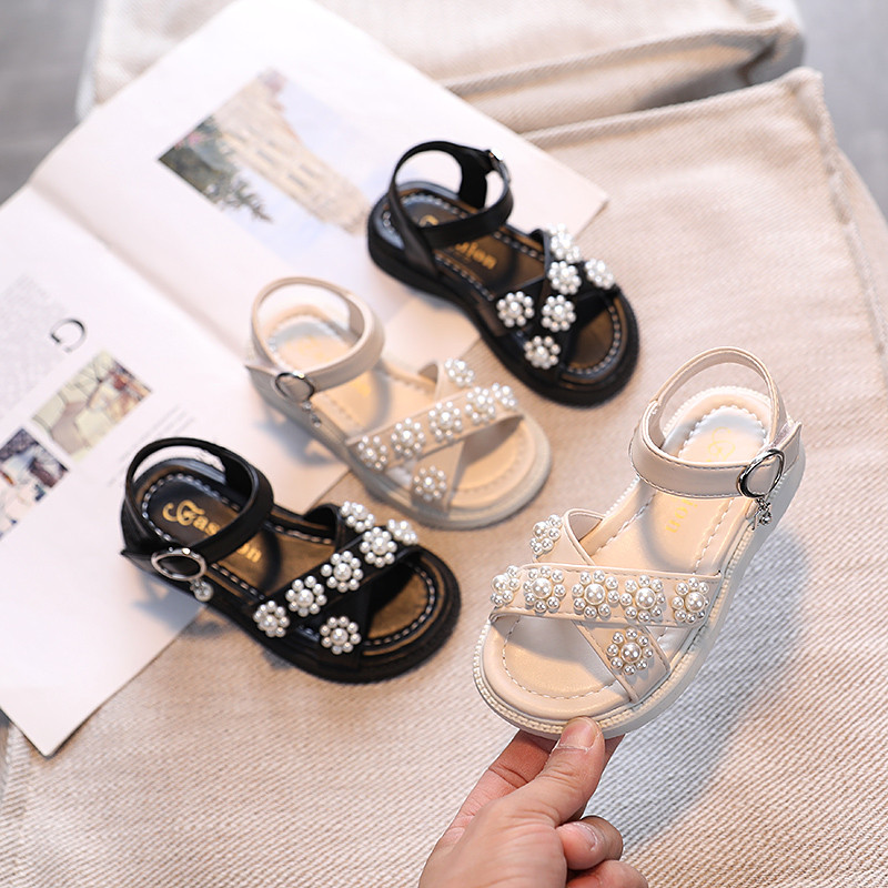 Djevojačke sandale s perlama s poprečnim trakama Crne bež hlače Dječje ljetne klizače 26-36 Prekrasne slatke neklizajuće dječje cipele s otvorenim prstima