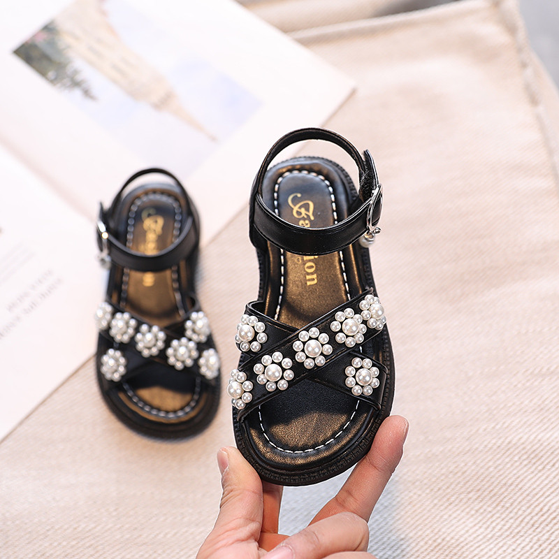 Djevojačke sandale s perlama s poprečnim trakama Crne bež hlače Dječje ljetne klizače 26-36 Prekrasne slatke neklizajuće dječje cipele s otvorenim prstima
