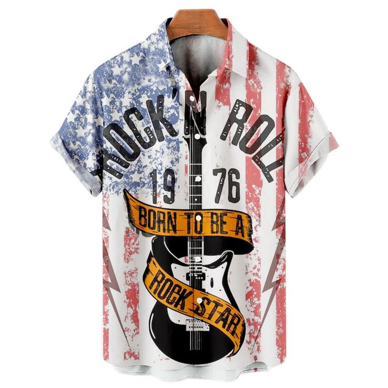 Cămăși cu imprimeu cu chitară muzicală pentru bărbați Topuri Rock Hip Hop Îmbrăcăminte masculină cu mânecă scurtă cu decolteu în V Beach Ahloa Cămăși Camisa Social Masculina