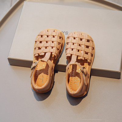 Dječje sandale, pletene, izdubljene čiste boje, starinske ljetne klizače za djevojčice 21-30, modne dječje cipele s četvrtastim prstima, Chic