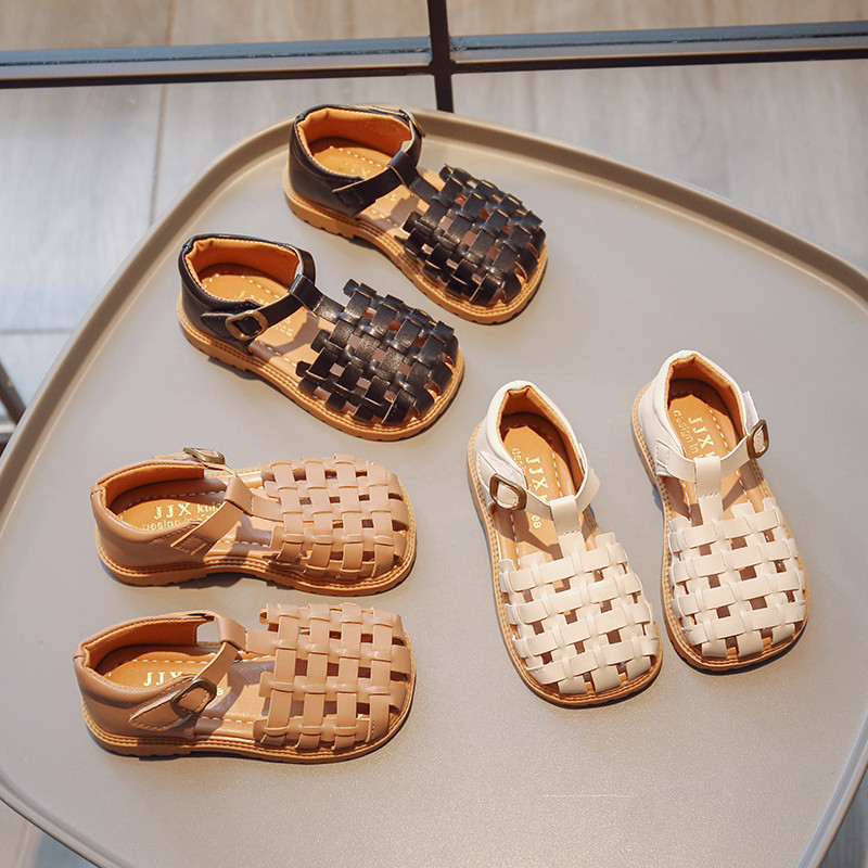 Dječje sandale, pletene, izdubljene čiste boje, starinske ljetne klizače za djevojčice 21-30, modne dječje cipele s četvrtastim prstima, Chic