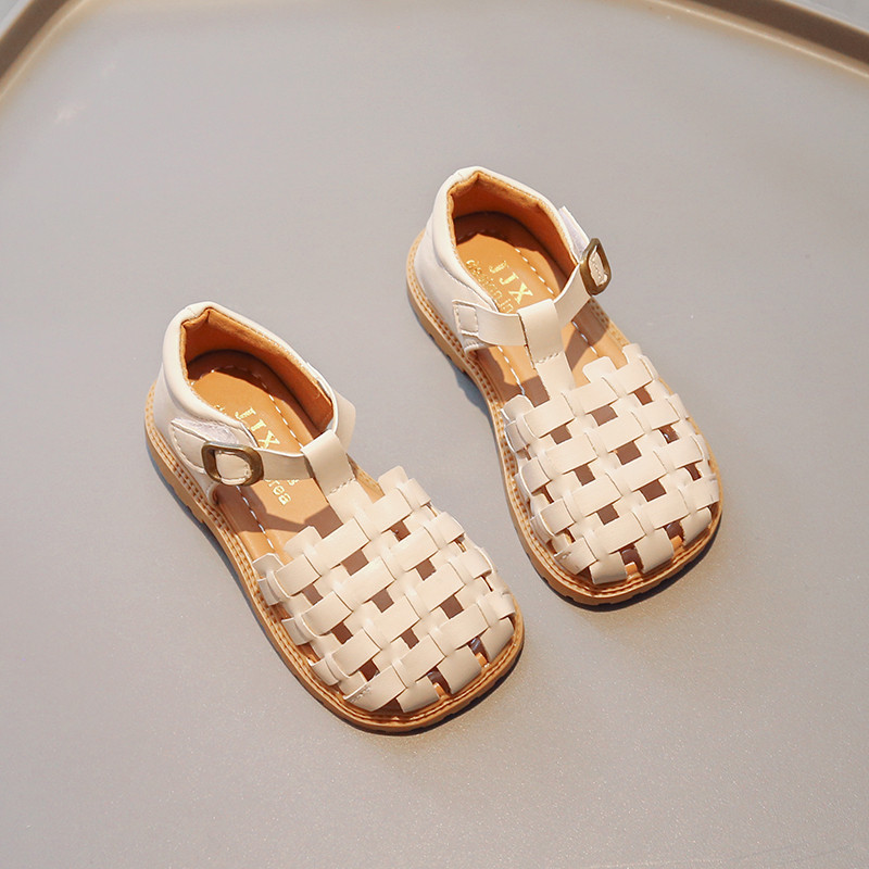 Dječje sandale, pletene, izdubljene čiste boje, starinske ljetne klizače za djevojčice 21-30, modne dječje cipele s četvrtastim prstima, Chic