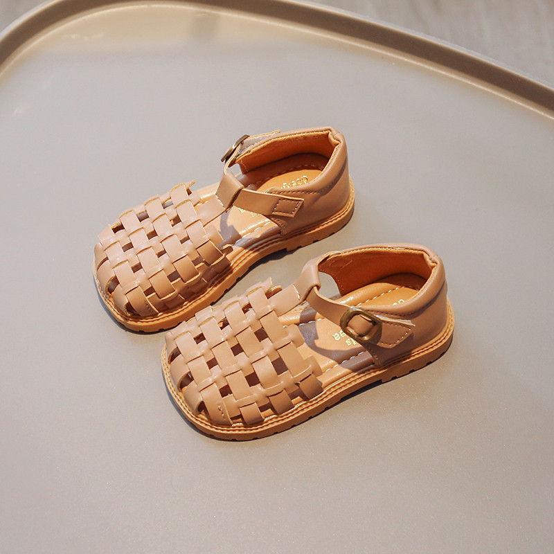 Dječje sandale, pletene, izdubljene čiste boje, starinske ljetne klizače za djevojčice 21-30, modne dječje cipele s četvrtastim prstima, Chic