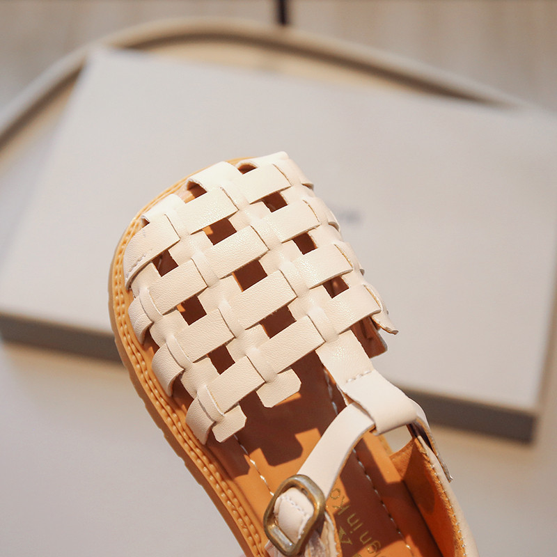 Dječje sandale, pletene, izdubljene čiste boje, starinske ljetne klizače za djevojčice 21-30, modne dječje cipele s četvrtastim prstima, Chic