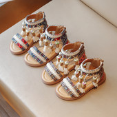 Sandale za djevojčice u boemskom stilu s resicama za gležnjeve s patentnim zatvaračem Dječje ljetne cipele Crno-smeđe print uzorak 23-36 Modni klizači za djecu