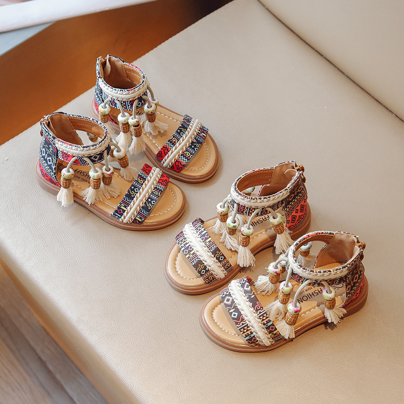 Sandale za djevojčice u boemskom stilu s resicama za gležnjeve s patentnim zatvaračem Dječje ljetne cipele Crno-smeđe print uzorak 23-36 Modni klizači za djecu