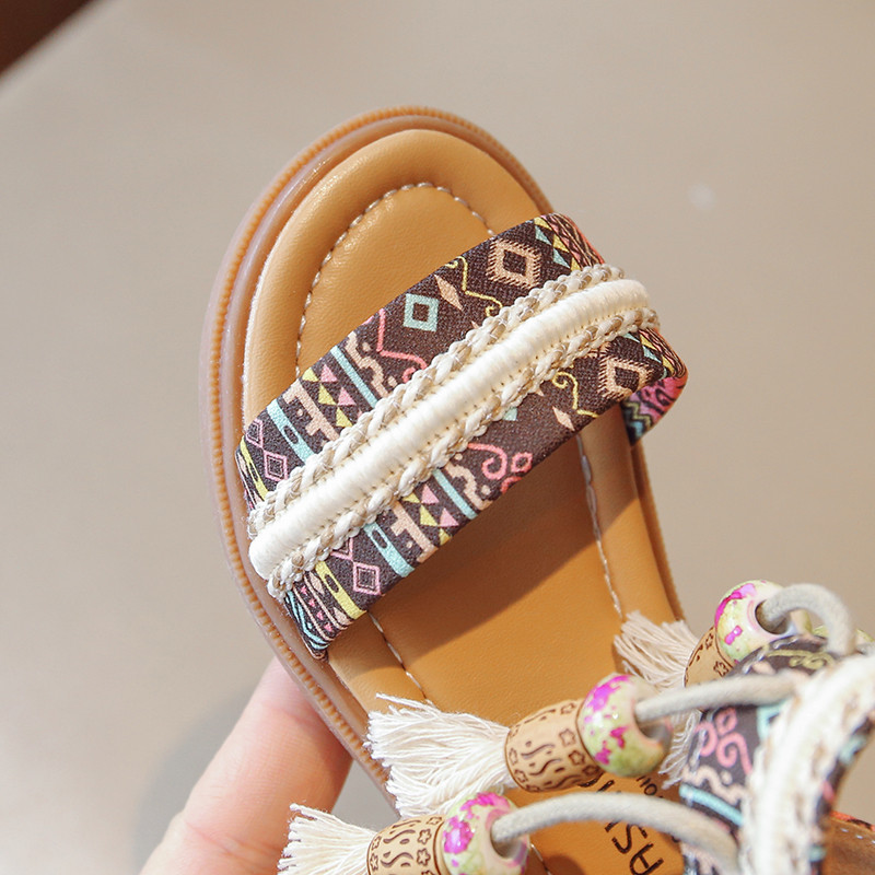 Sandale za djevojčice u boemskom stilu s resicama za gležnjeve s patentnim zatvaračem Dječje ljetne cipele Crno-smeđe print uzorak 23-36 Modni klizači za djecu