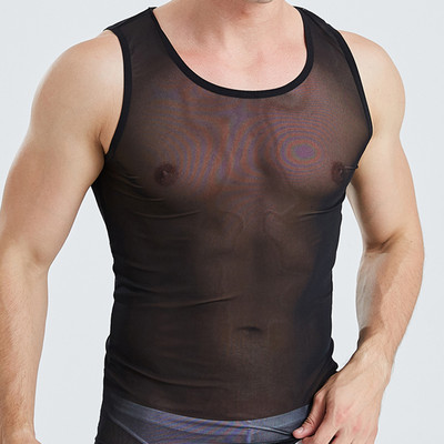 CLEVER-MENMODE Sexy ανδρικά φανελάκια με διάφανο διχτυωτό Sleepwear See Through Nightwear Αμάνικα μπλουζάκια Tees Sexy εσώρουχα γιλέκο
