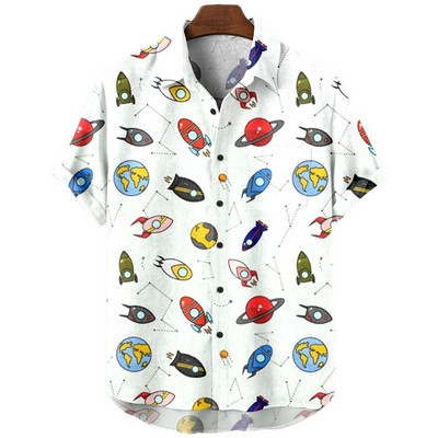 Cămăși hawaiene Rocket Print Camisas De Verano Para Hombres Cămașă de desene animate Harajuku pentru bărbați, de înaltă calitate, de vară, haine noi pentru bărbați