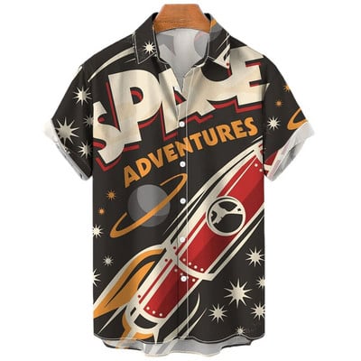 Cămăși hawaiene Rocket Print Camisas De Verano Para Hombres Cămașă de desene animate Harajuku pentru bărbați, de înaltă calitate, de vară, haine noi pentru bărbați